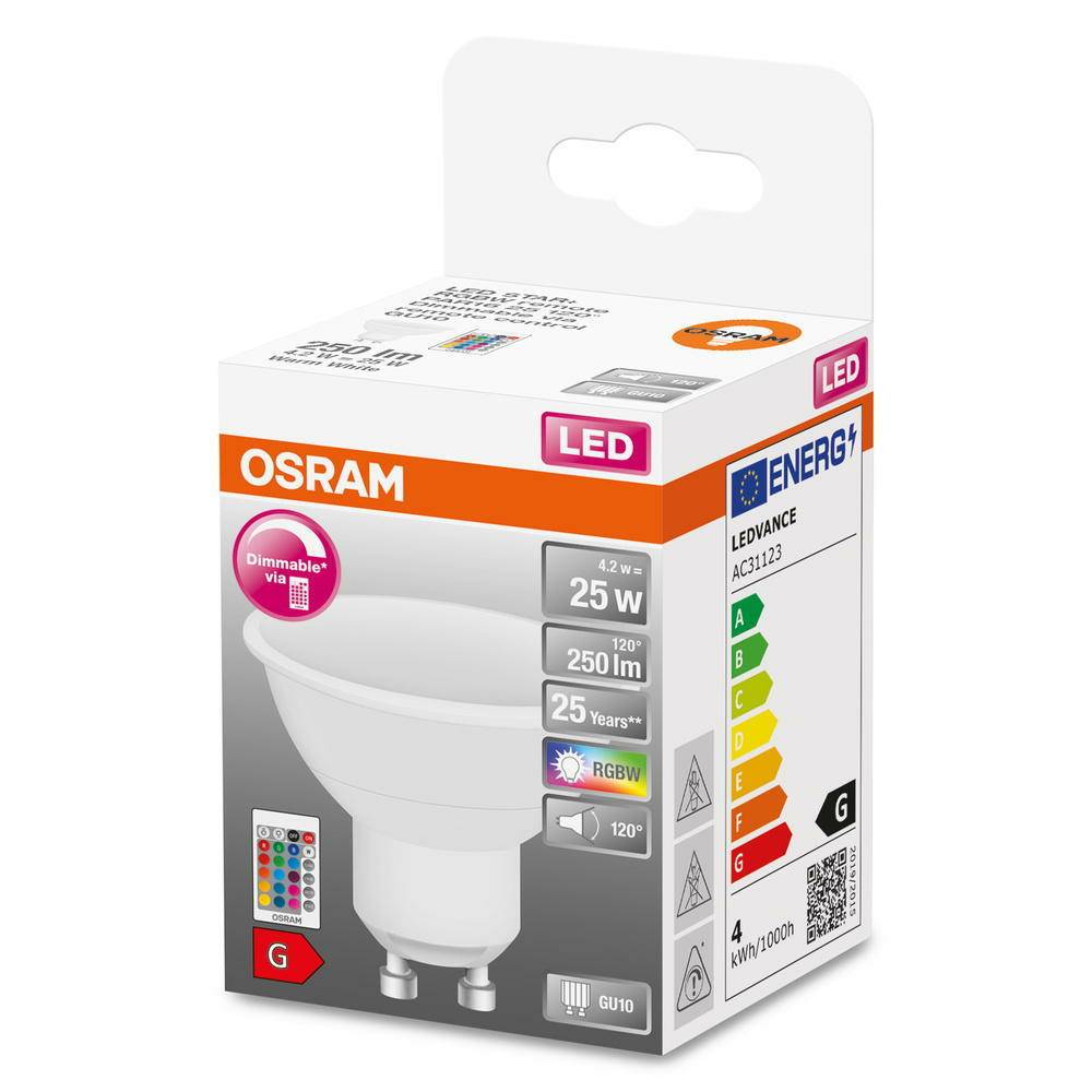 LED lemputė OSRAM, GU10, PAR16 25, 4,2W, 2700K, RGBW, 120°, 250 lm, matinė, su pulteliu-1