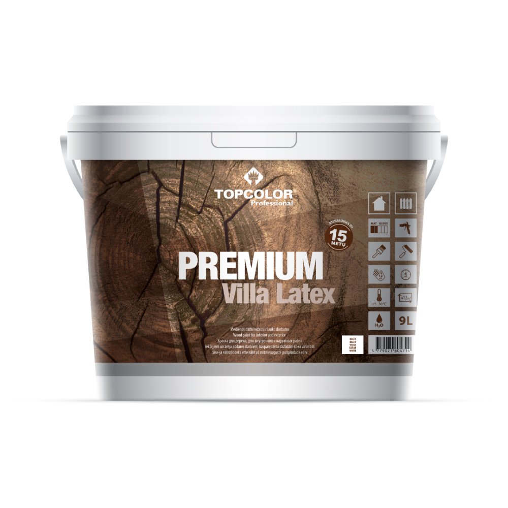 Medinių fasadų dažai TOPCOLOR PREMIUM VILLA LATEX, pusiau matiniai, baltos sp. A bazė, 9 l-0