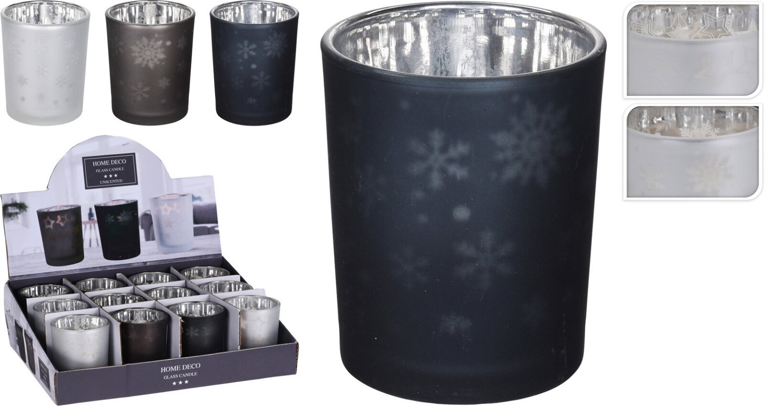 Stiklinė žvakidė SNOWFLAKE, pilkos/mėlynos/baltos sp., 5,5 x 6,5 cm