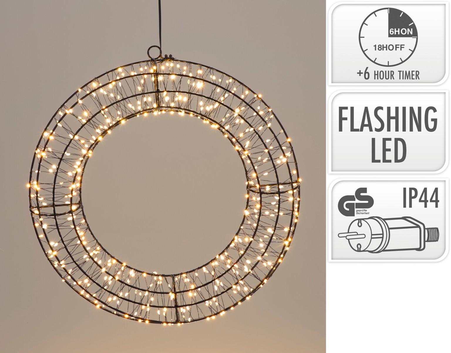 Elektrinė LED dekoracija RING, 480LED IP44 3.5V 2.7W, šiltai balt/gintaro, laikmatis+DIM, 38x4cm-1