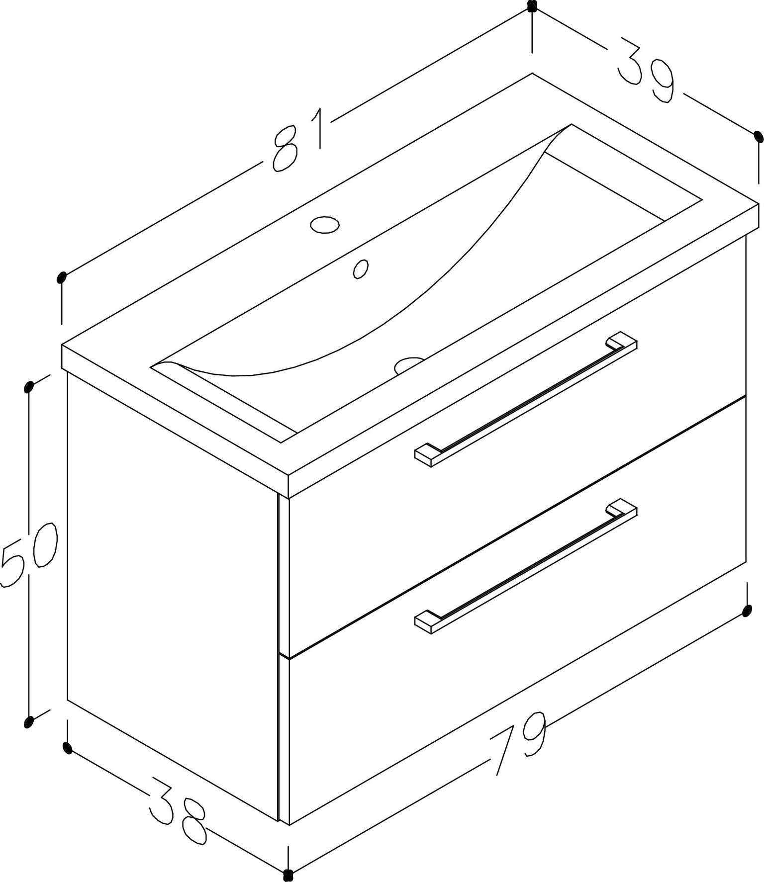 Vonios spintelė SCANDIC, LMDP, pastatoma, su praustuvu, šviesaus ąžuolo sp., 81x50x39 cm - 3