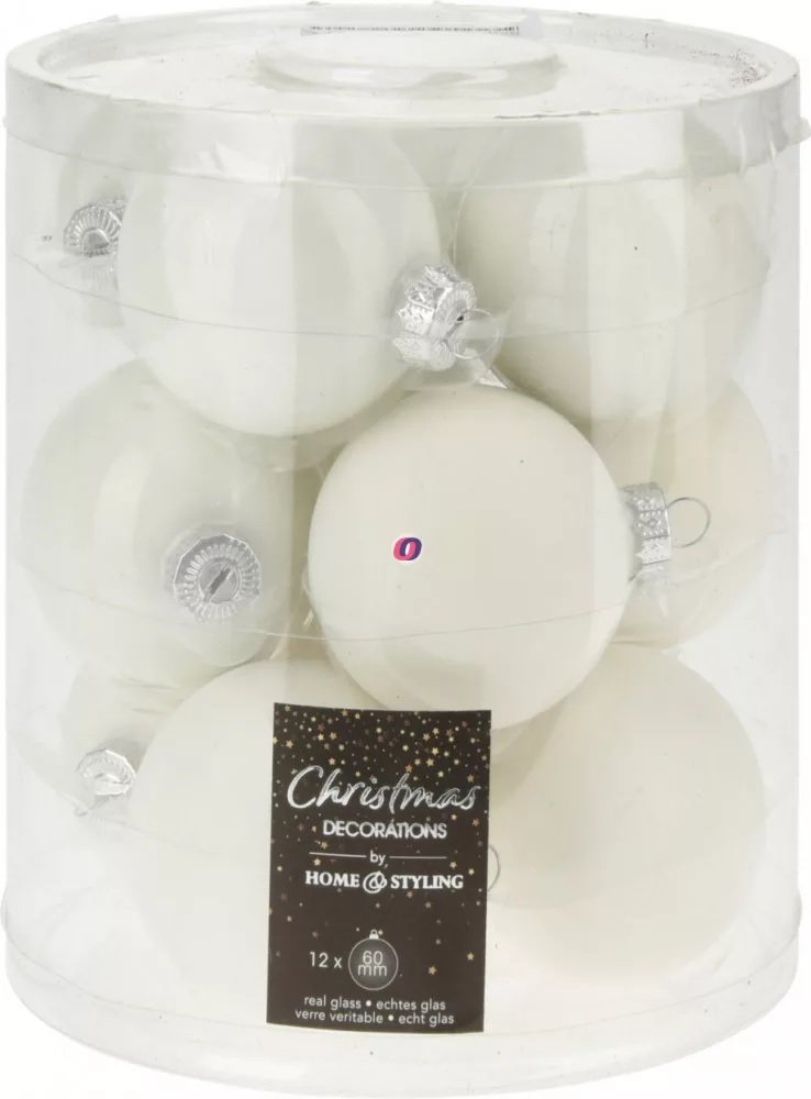 Kalėdinių eglės žaisliukų rinkinys MIXED GLASS, baltos sp., 2 rūšys, 6 cm, 12 vnt.