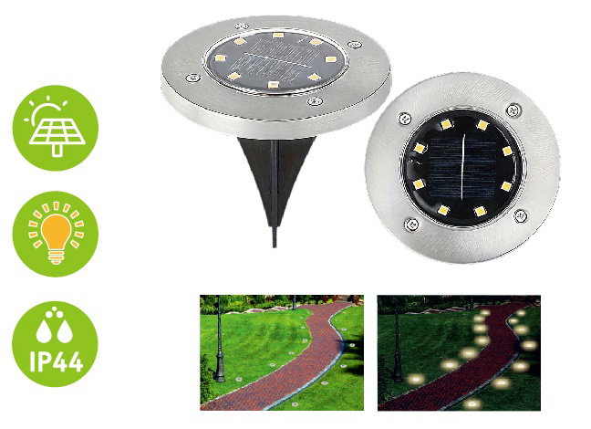 Įsmeigiamas LED lauko šviestuvas, įkraunamas saulės energija, 8 LED, 1xAA 200mAh, ø11,5 cm-1