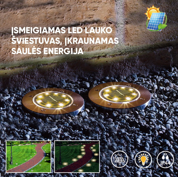 Įsmeigiamas LED lauko šviestuvas, įkraunamas saulės energija, 8 LED, 1xAA 200mAh, ø11,5 cm - 5