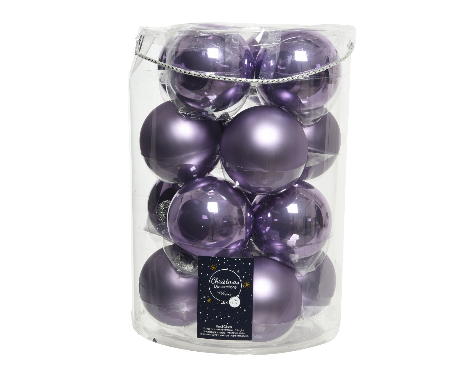 Kalėdinių eglės žaisliukų rinkinys GLASS, violetinės sp., 2 rušių, 8 cm, 16 vnt.
