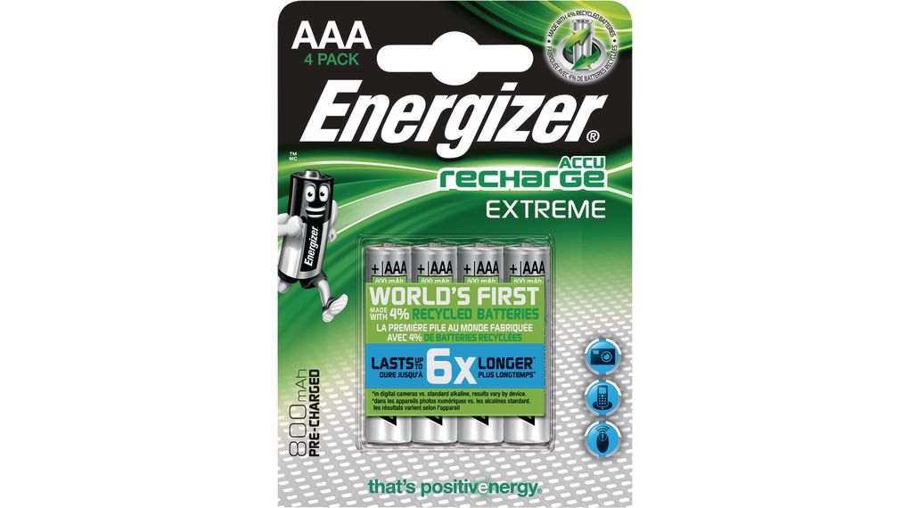 Įkraunami elementai ENERGIZER EXTREME, AAA HR03, 1.2V 800mAh Ni-Mh, 4 vnt.-0