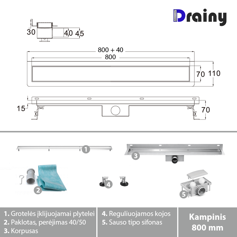 Kampinis dušo latakas DRAINY, 800 mm, nerūd. pl. - 3