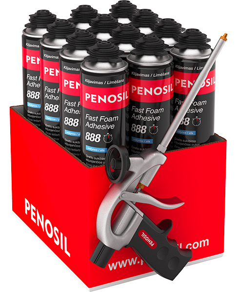 Klijuojančios putos PENOSIL Fast Foam Adhesive 888, 12 x 830 ml + putų pistoletas C1