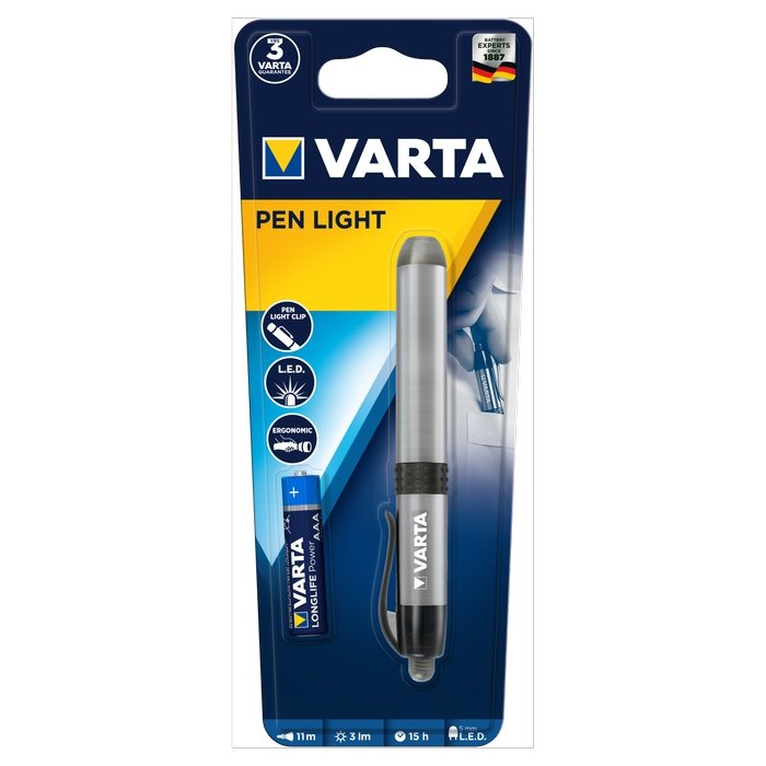 LED žibintuvėlis VARTA Pen Light, 3 lm, elementai 1xAAA (įeina), pilkos spalvos