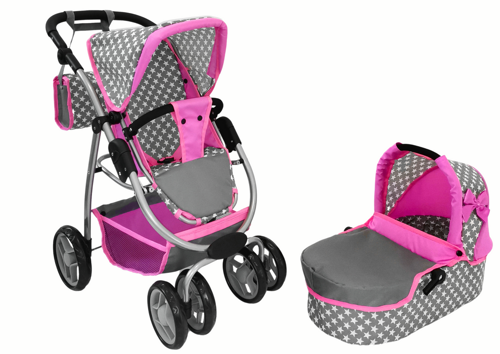 Lėlių vežimėlis 2in1, rožinė/pilka - 5