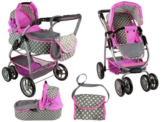 Lėlių vežimėlis 2in1, rožinė/pilka - 3