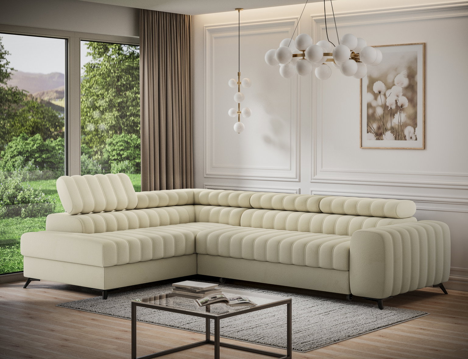 Kampinė sofa - lova Kanedo Monolith 14, smėlio sp., kairinė, 204 x 269 cm x 86 cm - 5