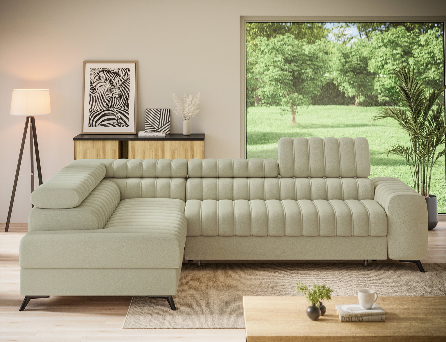Kampinė sofa - lova Kanedo Monolith 14, smėlio sp., kairinė, 204 x 269 cm x 86 cm-1