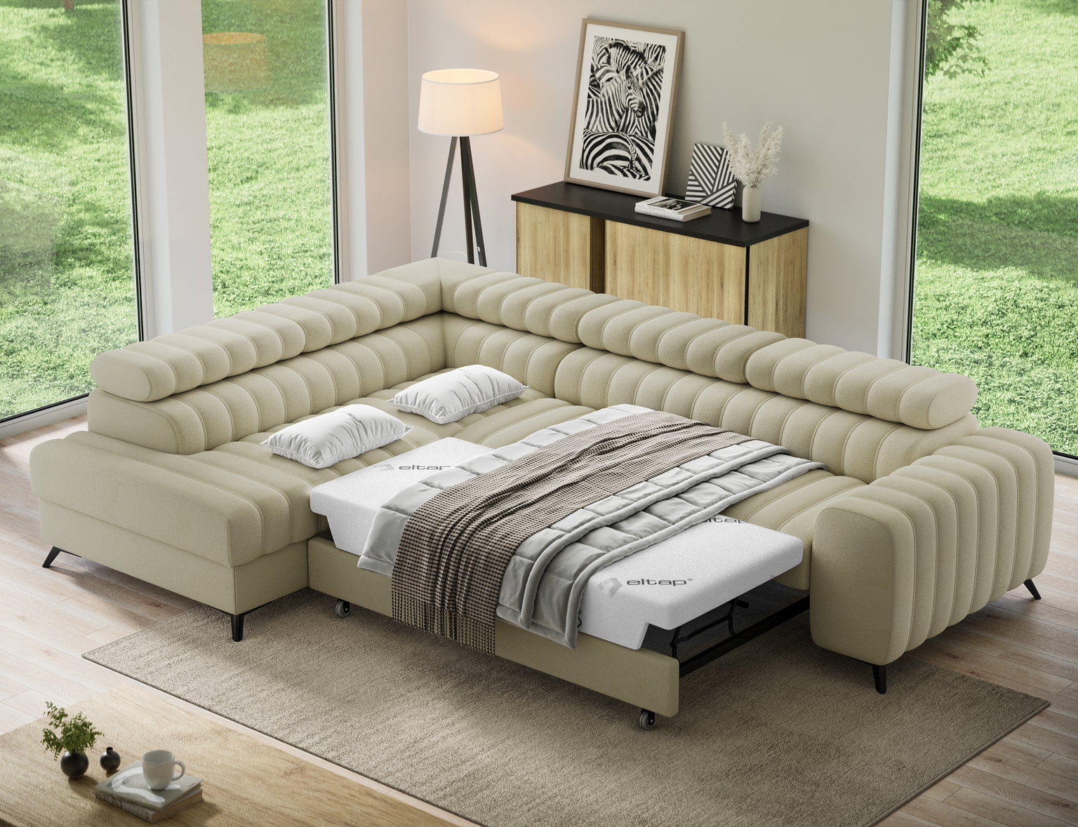 Kampinė sofa - lova Kanedo Monolith 14, smėlio sp., kairinė, 204 x 269 cm x 86 cm - 6