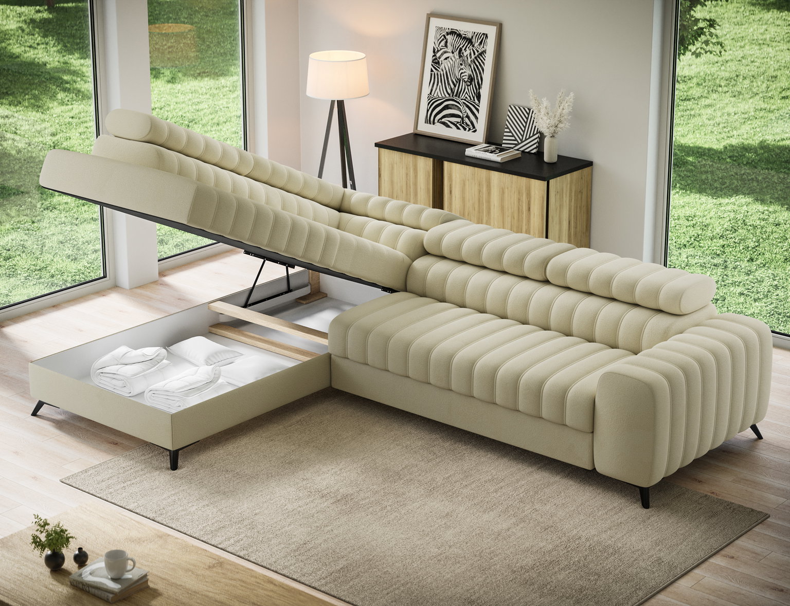 Kampinė sofa - lova Kanedo Monolith 14, smėlio sp., kairinė, 204 x 269 cm x 86 cm - 7