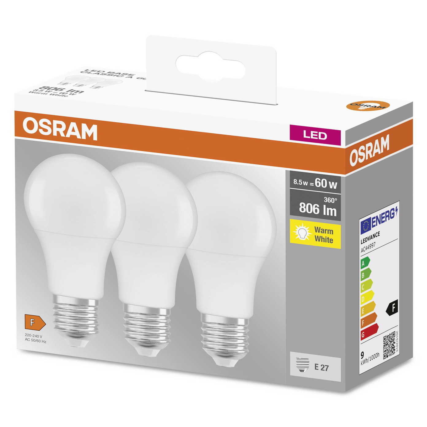 LED lemputės OSRAM Base Classic, E27, A60, 8,5W, 2700K, 806 lm, non-dim, 3 vnt-0