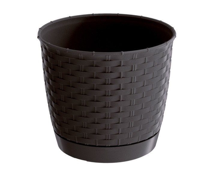 Lauko plastikinis vazonas RATOLLA ROUND, su lėkštele ir įdėklu, rudos sp., 19 x 17 cm-1