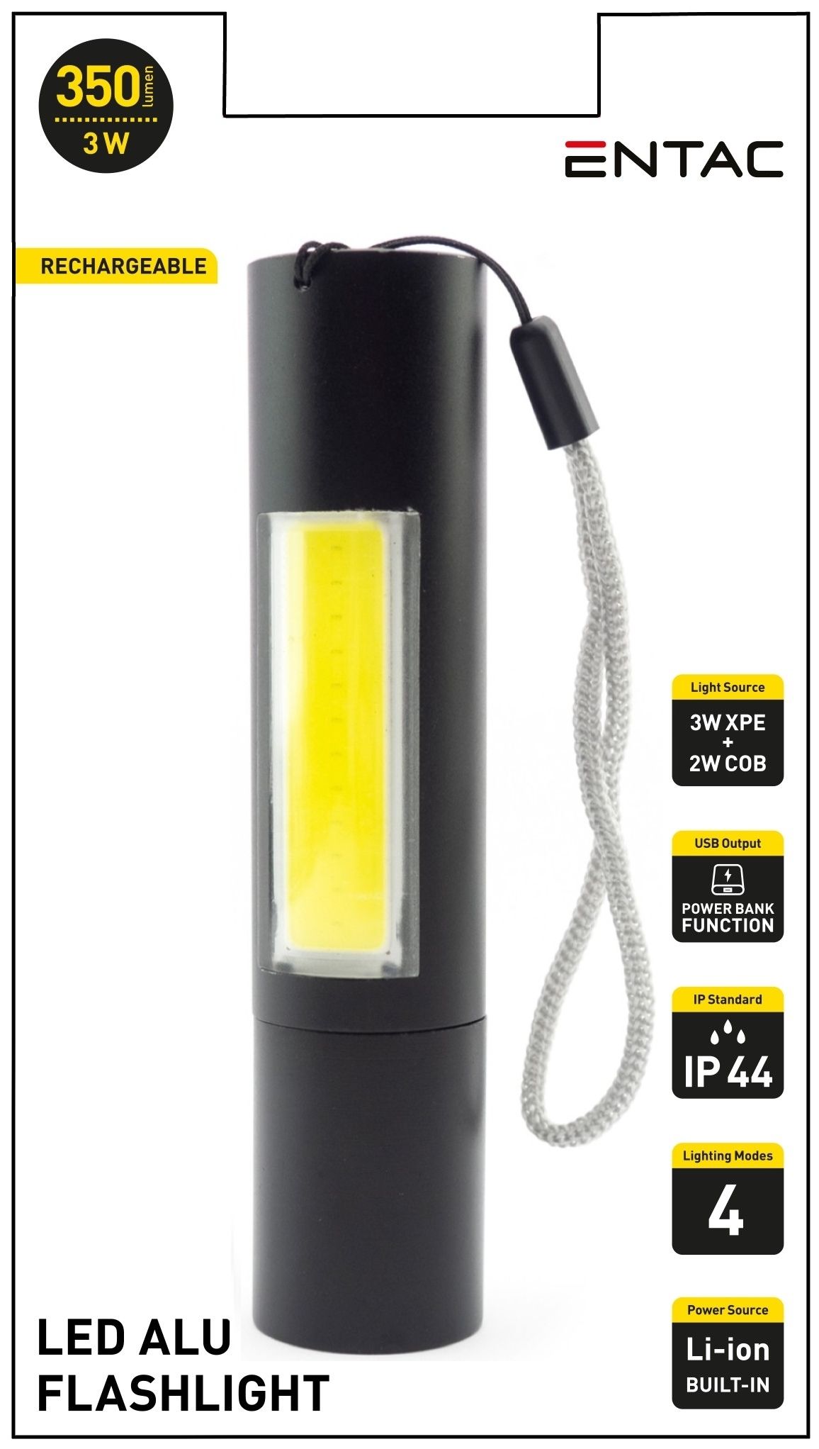 LED žibintuvėlis ENTAC, IP44, 3W+ 2W, 350 lm, pakraunamas nuo 220V, 1250 mAh (įmont) akumuliatoriaus-1