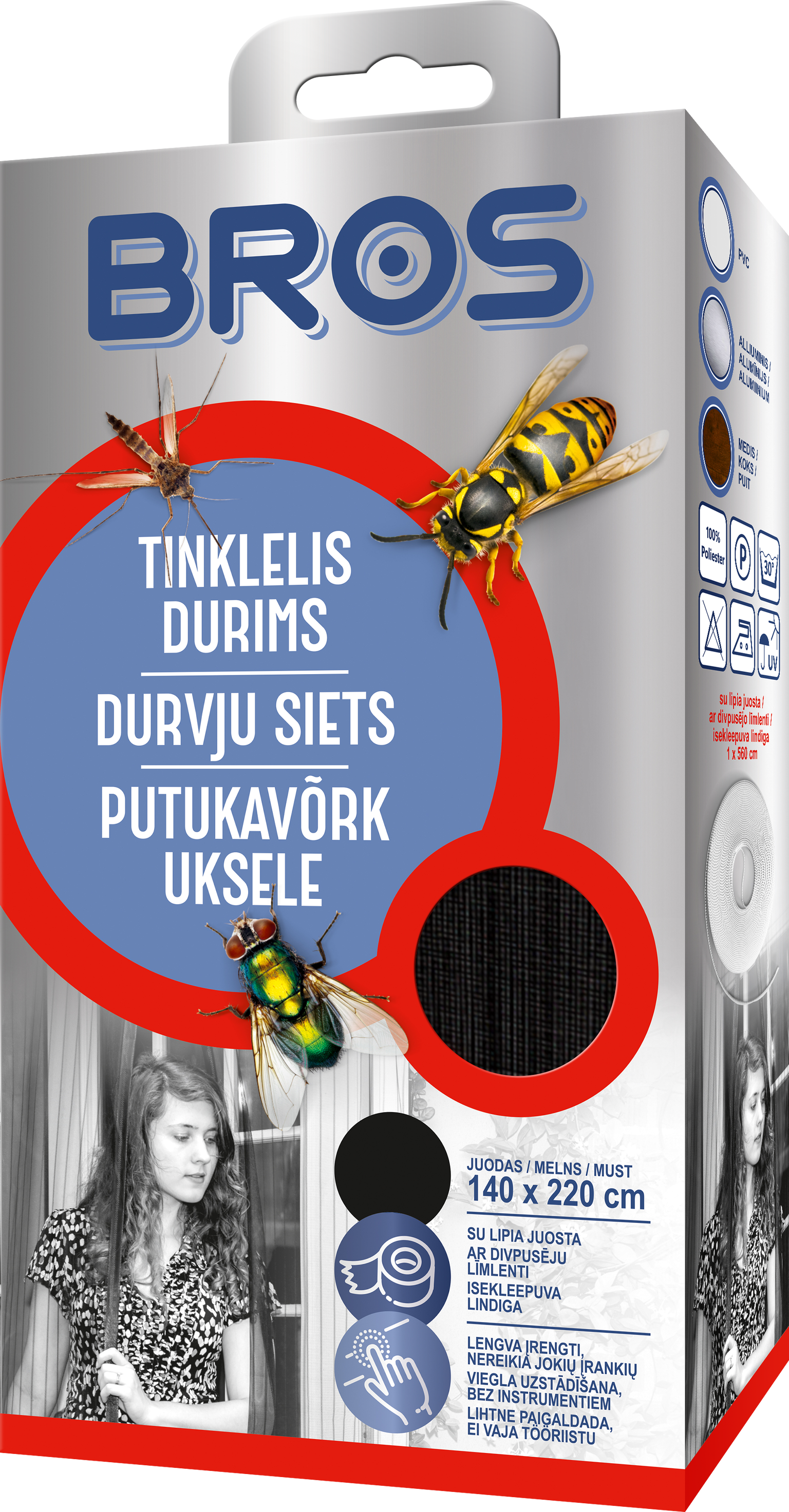 Apsauginis durų tinklelis BROS, juodos sp., 140 x 220 cm, 2 vnt.