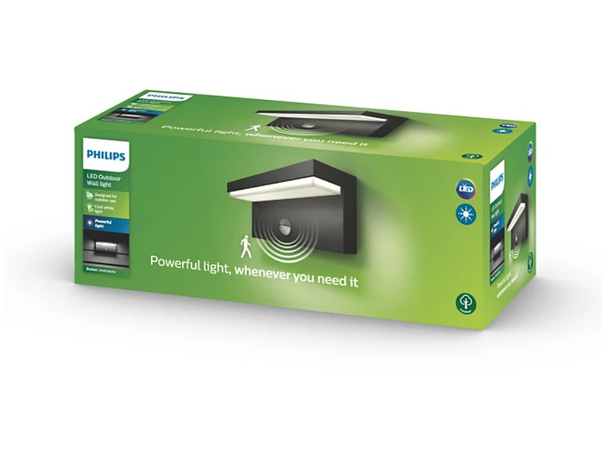 Sieninis LED lauko šviestuvas PHILIPS Bustan, IP44,9W, 4000K, 1000lm, su jud.,davikliu, antracito sp-1