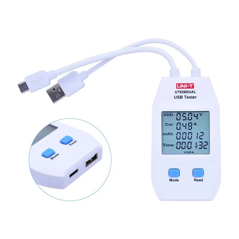 Įtampos ir srovės matuoklis UNI-T, USB-A, USB-C, 0~99999mAh, 0~1000Wh, 4~24VDC-0