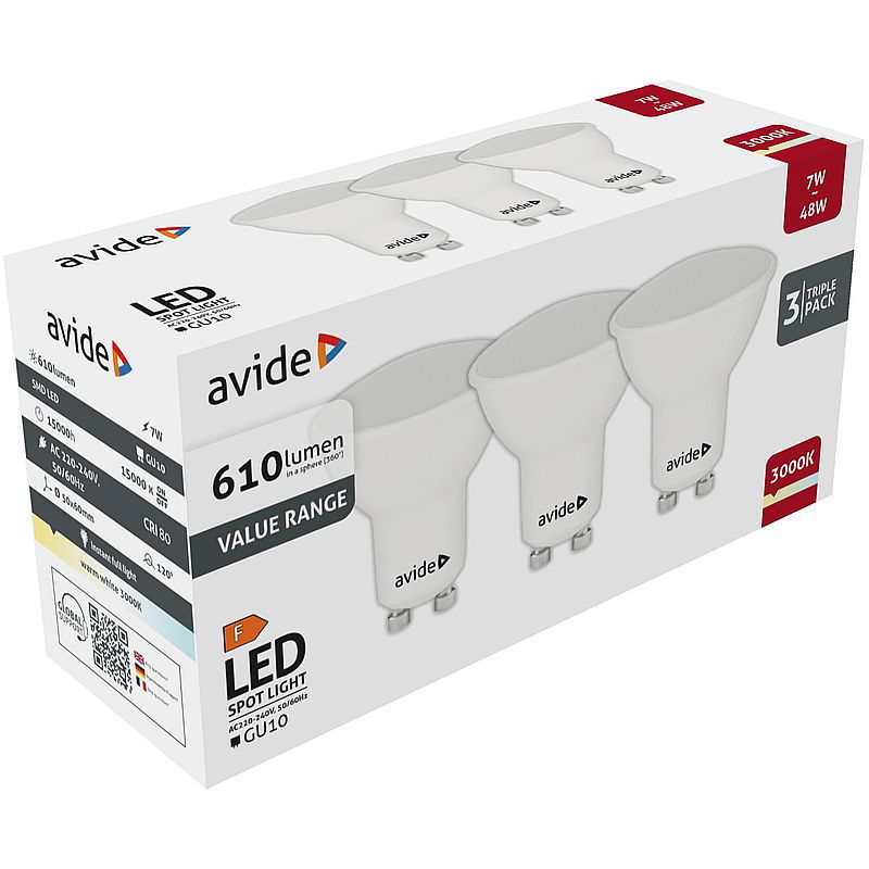 LED lemputė AVIDE, GU10, 7W (=47W), 3000K, 220-240V, 610 lm, 110° 3VNT - 1