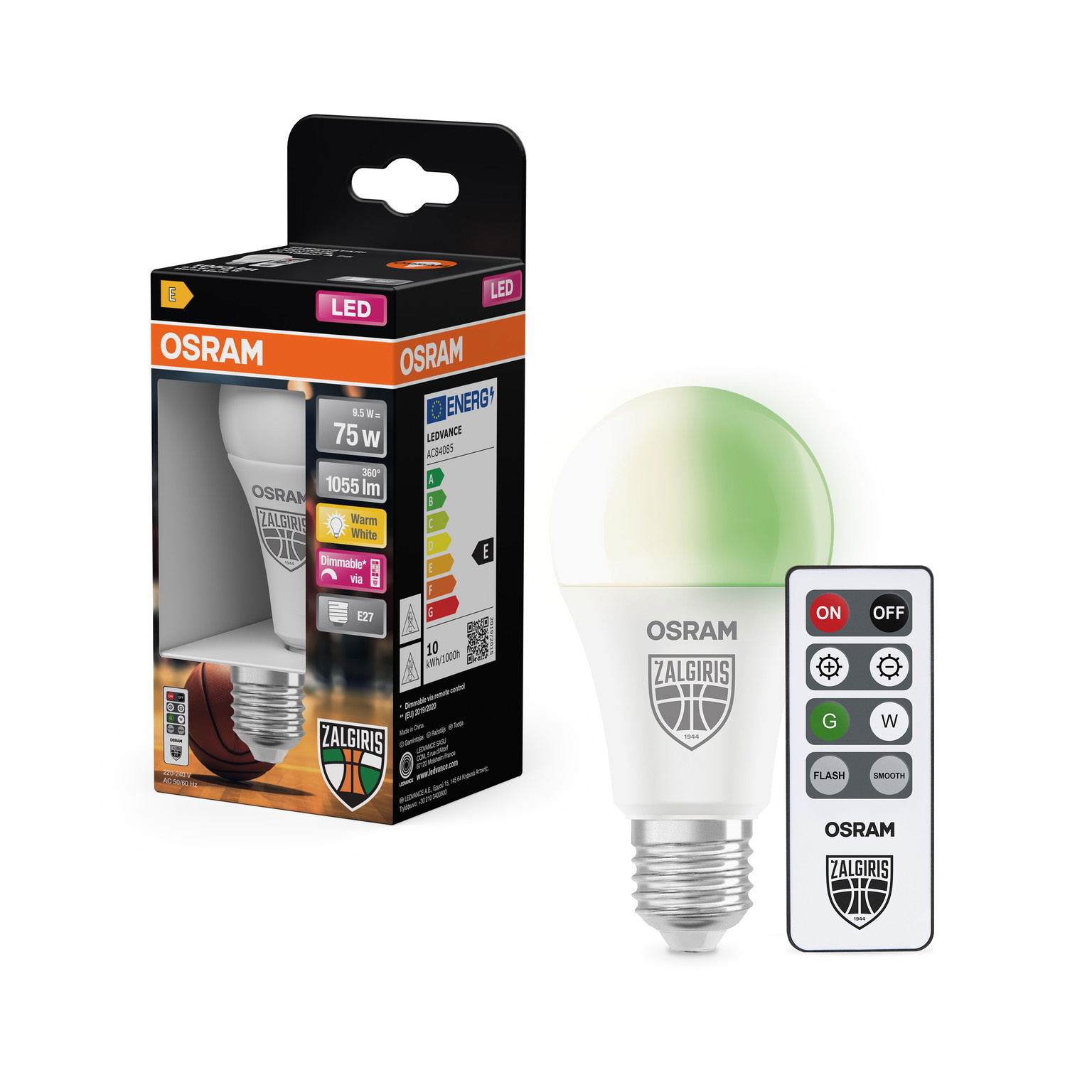 LED lemputė OSRAM ŽALGIRIS EDITION, E27 A75, 9,5W 2700K+žalia spalva, 1055lm DIM, su pultu - 1