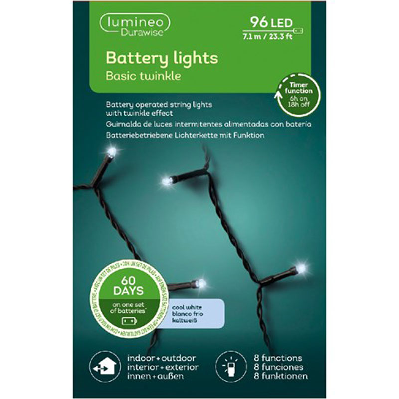 El. lauko girlianda LUMINEO DURAWISE BASIC TWINKLE, 96 LED IP44 šaltai baltos sp 8 rež, 3xAA, 7,1m - 4