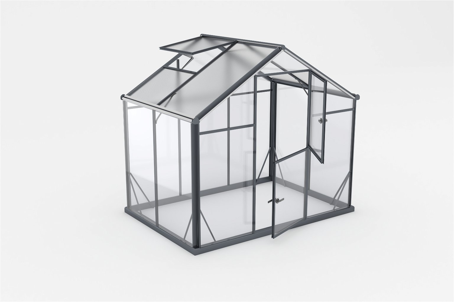 Šiltnamis SANUS HYBRID L-3 (2,20x1,50m) RAL7016, 4mm grūdinto stiklo sienos, 6mm polikarbonato stogas