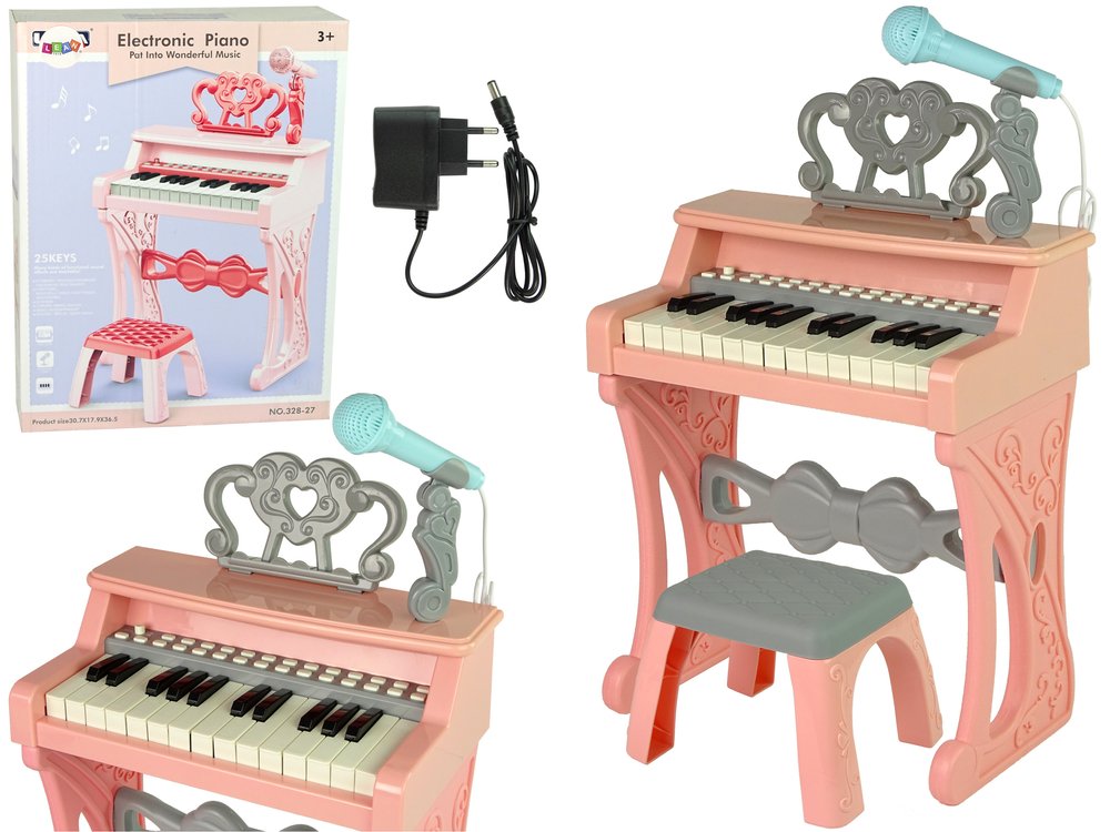 Vaikiškas elektrinis pianinas su kėdute, rožinis