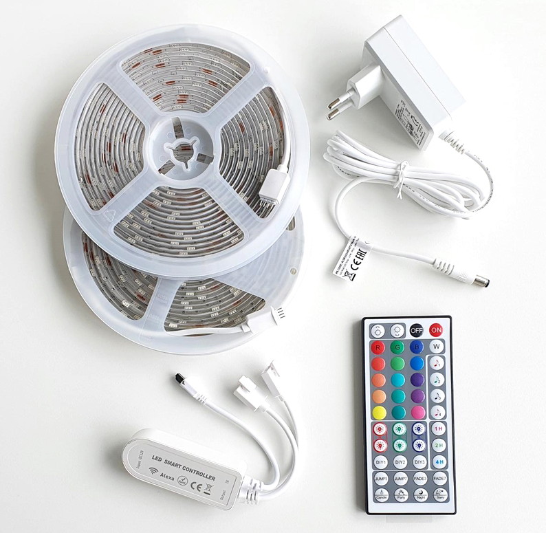 LED juostos komplektas AVIDE, IP65, 2x150LED,RGB, 22W, 2x5m, muzikos kontroleris, WIFI, su pultu, 5m - 3