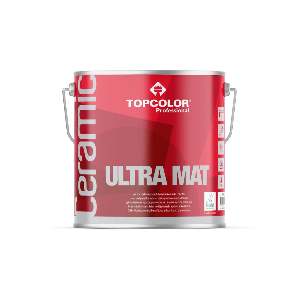Prailginto džiūvimo lubų dažai TOPCOLOR CERAMIC ULTRA MAT, visiškai matiniai, baltos sp., 2,5 l
