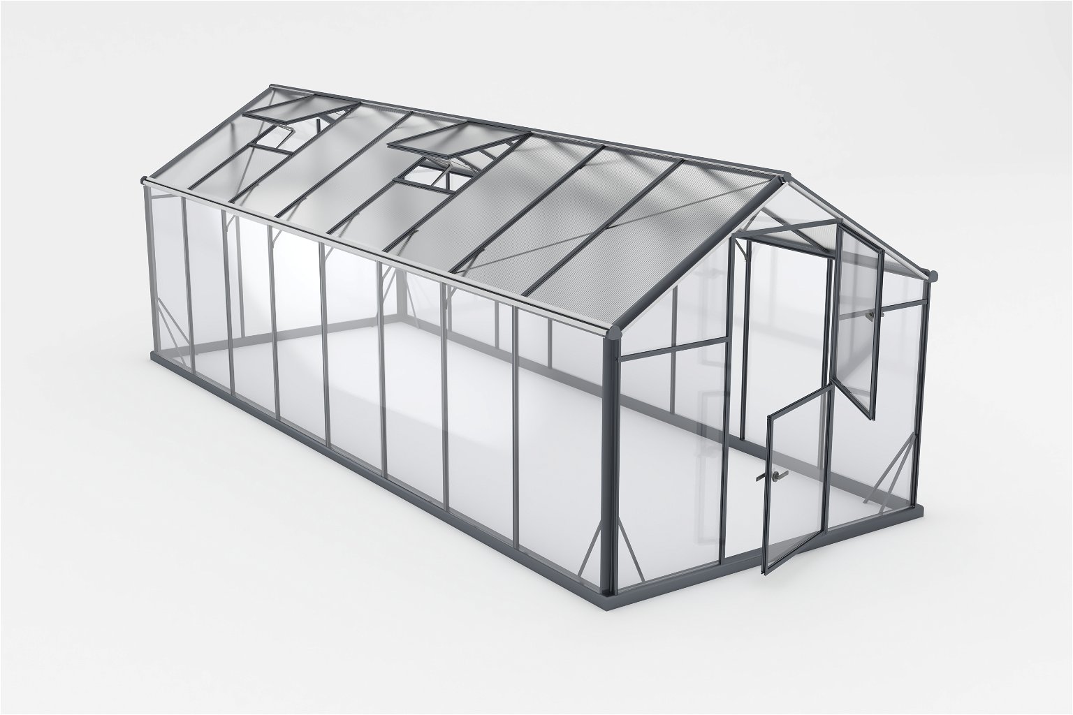 Šiltnamis SANUS HYBRID L-12 (2,20x5,70m) RAL9005, 4mm grūdinto stiklo sienos, 6mm polikarbonato stogas