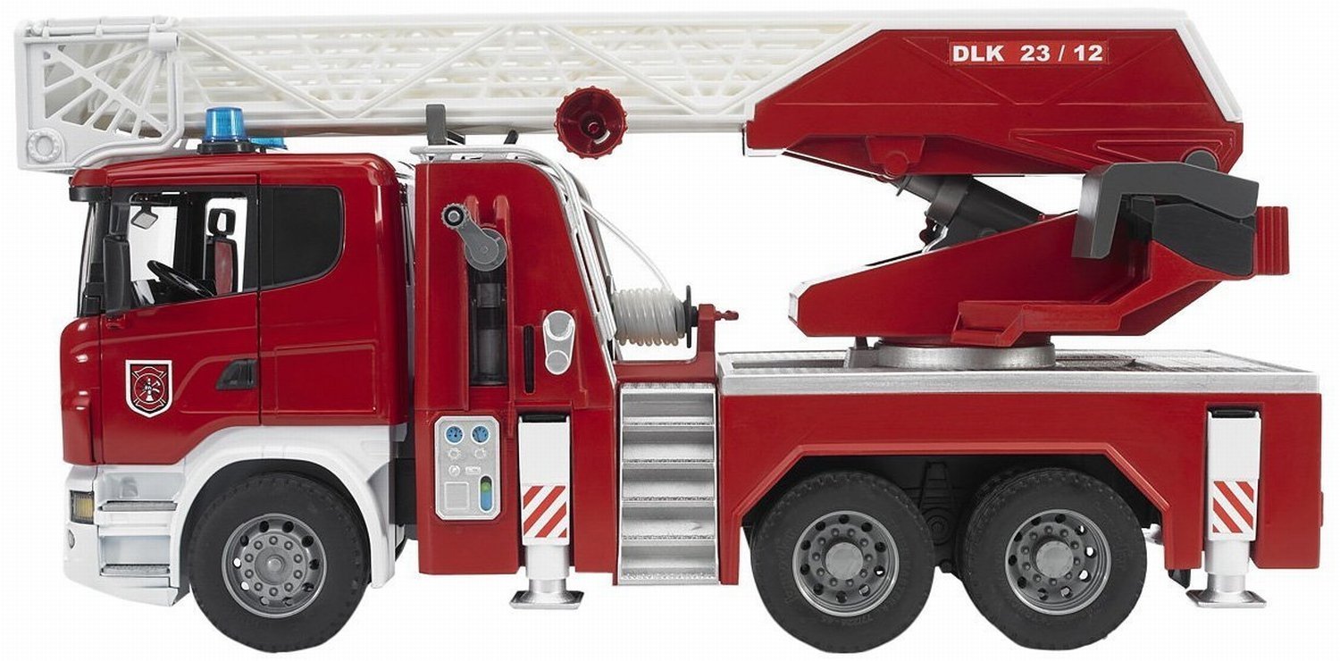 BRUDER 1:16 gaisrinis automobilis Scania R-Series su besisukančiomis kopėčiom ir vandens siurbliu, 03590