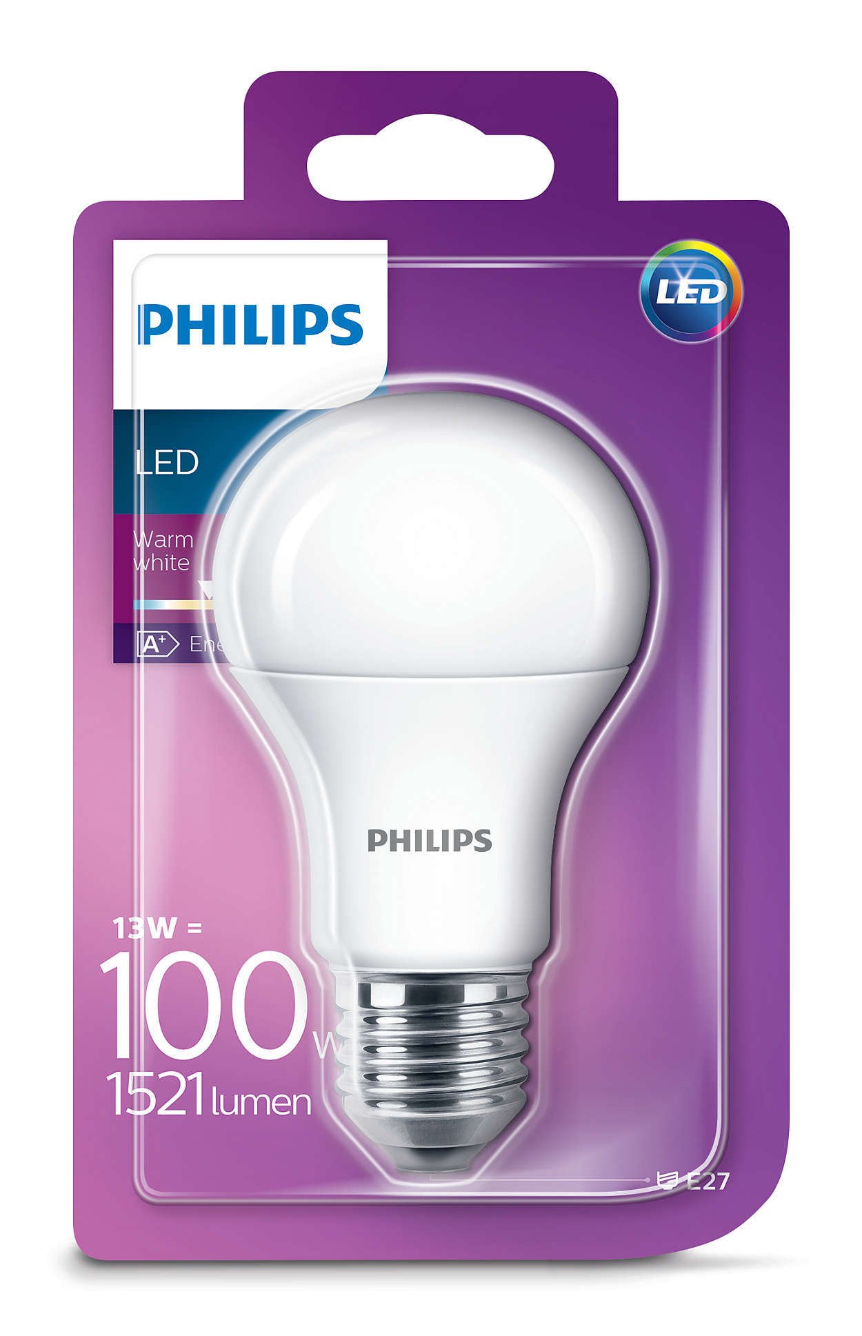 Šviesos diodų lemputė PHILIPS, LED, 13 W, A60, E27, 1521 lm, 2700 K, atitinka 100 W, šiltai balta