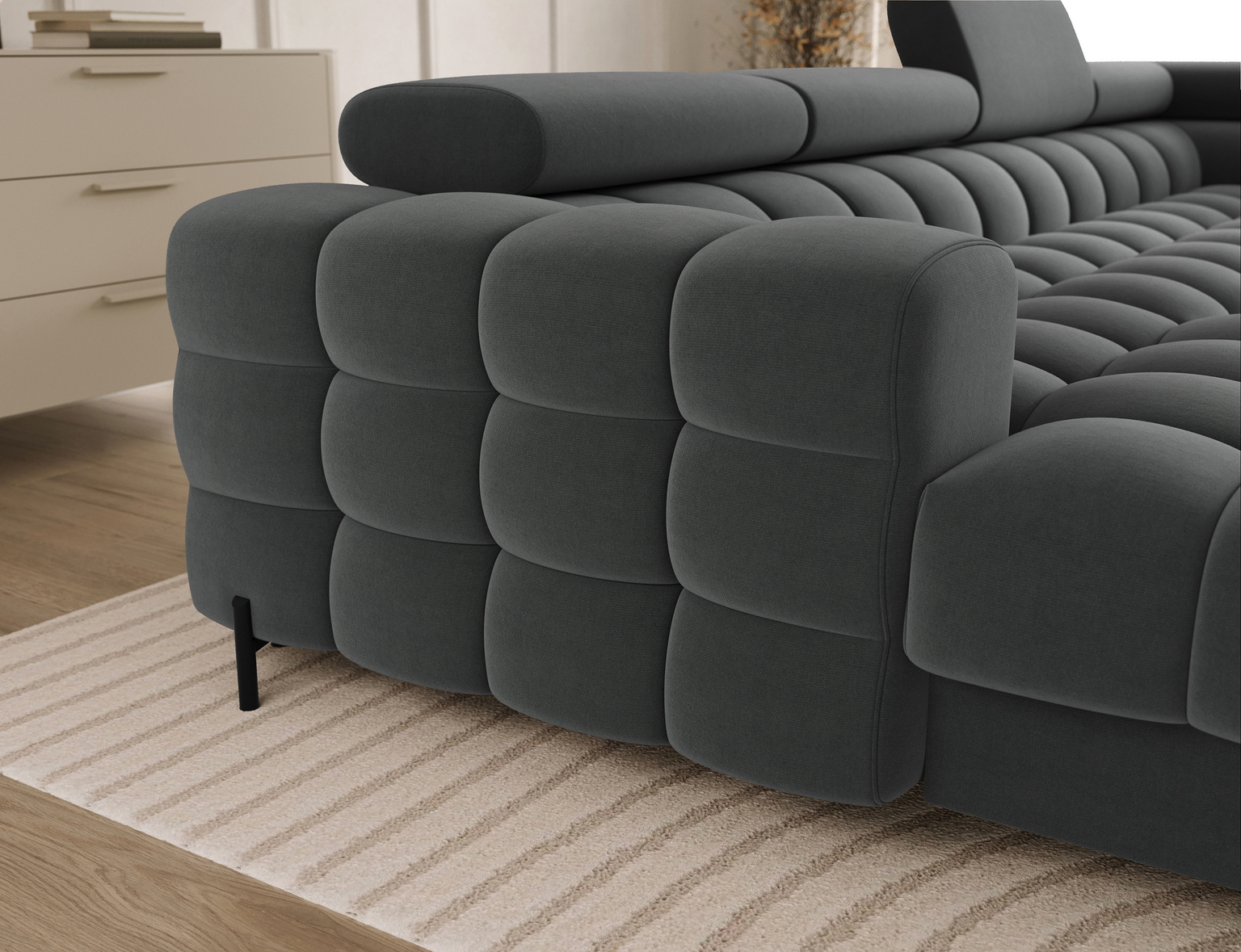 Kampinė sofa - lova Feraria Sola 06, tamsiai pilka sp., kairinė, 202 x 358 cm x 93 cm - 7