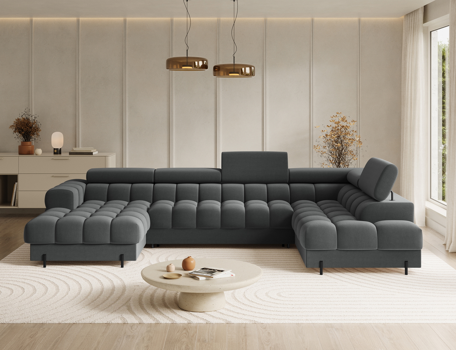 Kampinė sofa - lova Feraria Sola 06, tamsiai pilka sp., kairinė, 202 x 358 cm x 93 cm-1