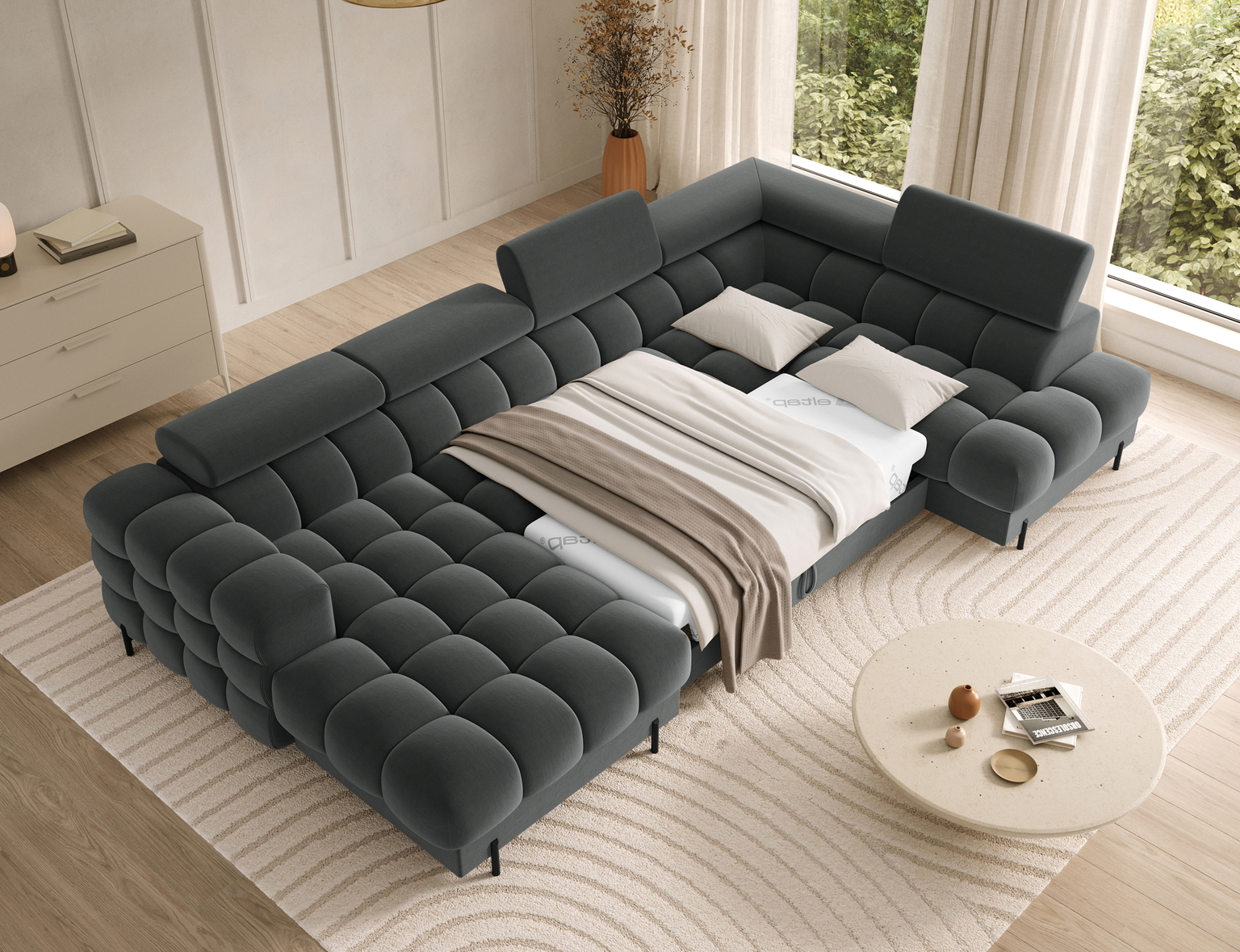 Kampinė sofa - lova Feraria Sola 06, tamsiai pilka sp., kairinė, 202 x 358 cm x 93 cm - 5