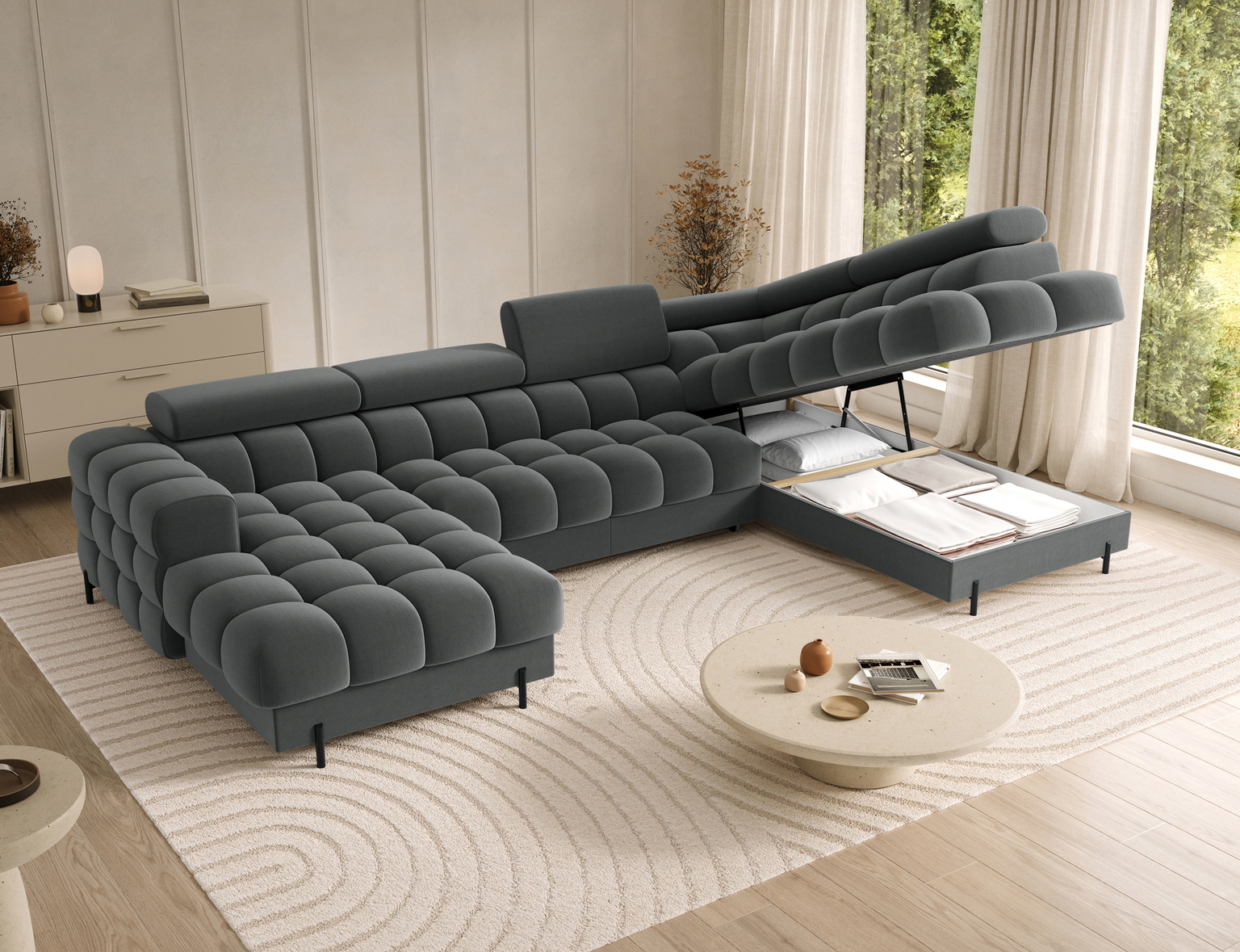 Kampinė sofa - lova Feraria Sola 06, tamsiai pilka sp., kairinė, 202 x 358 cm x 93 cm - 6