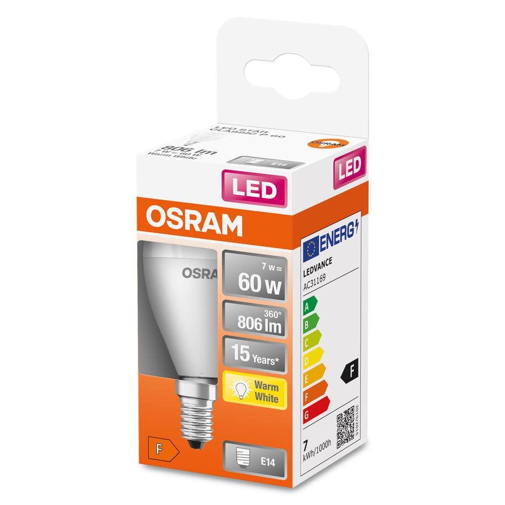 LED lemputė OSRAM, E14, P60, burbuliuko formos, 7W, 2700K, 806 lm, non-dim, matinė - 2