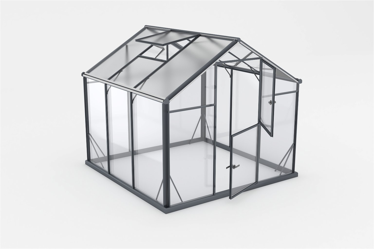Šiltnamis SANUS HYBRID L-5 (2,20x2,20m) RAL7016, 4mm grūdinto stiklo sienos, 6mm polikarbonato stogas