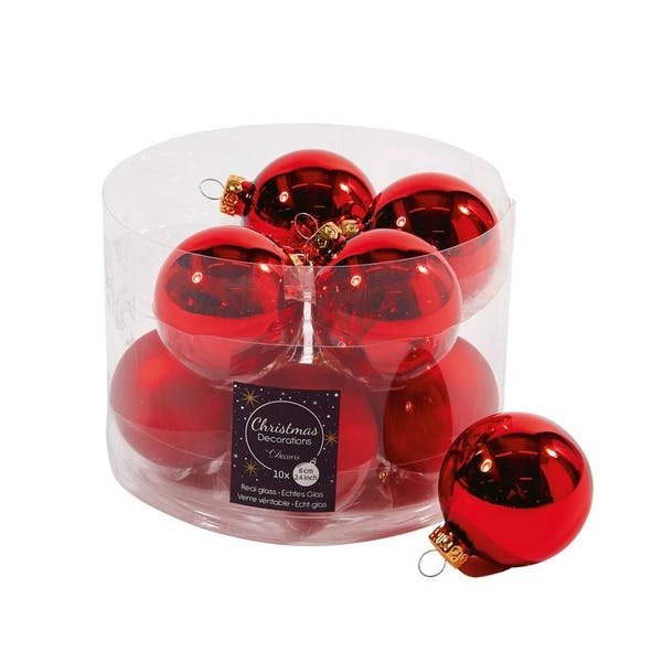 Kalėdinių eglės žaisliukų rinkinys GLASS, raudonos sp., 6 cm, 10 vnt.