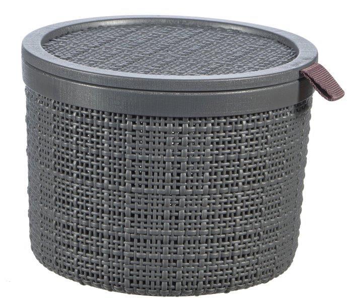 Plastikinis apvalus krepšelis su dangteliu CURVER Jute, pilkos sp., 17 x 17 x 13 cm, 2 L-0