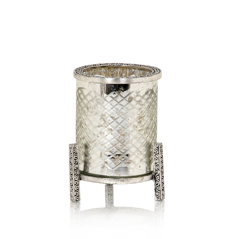 Stiklinė žvakidė su metaliniu stoveliu, sidabrinės  sp., 12 x 12 x 16 cm