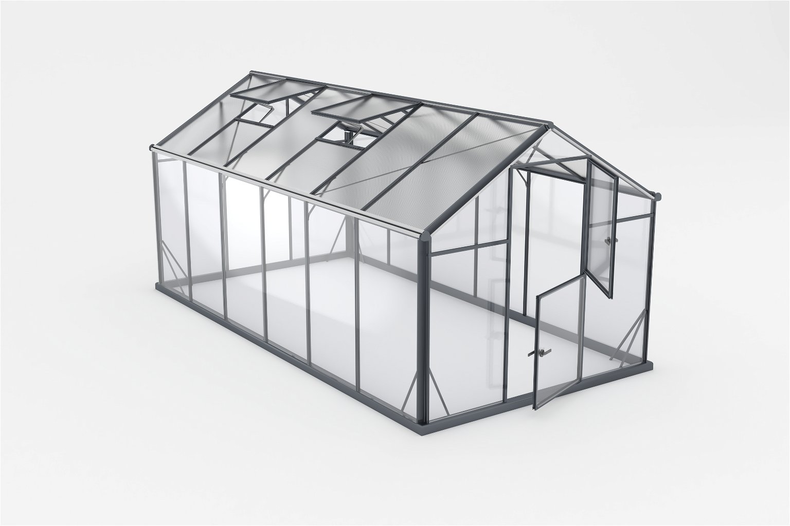Šiltnamis SANUS HYBRID L-10 (2,20x4,30m) RAL7016, 4mm grūdinto stiklo sienos, 6mm polikarbonato stogas