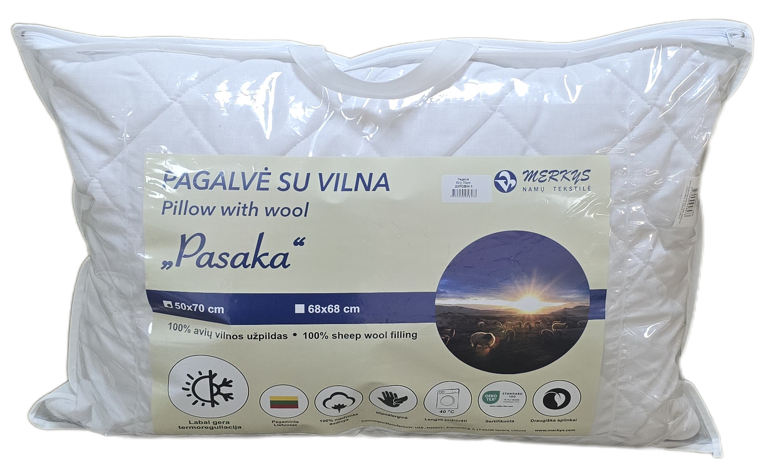 Pagalvė MERKYS PASAKA, 50x70 cm, imp. 100% medv., užp. skalb. avių vilnos, 600g/m2, baltos sp.-1