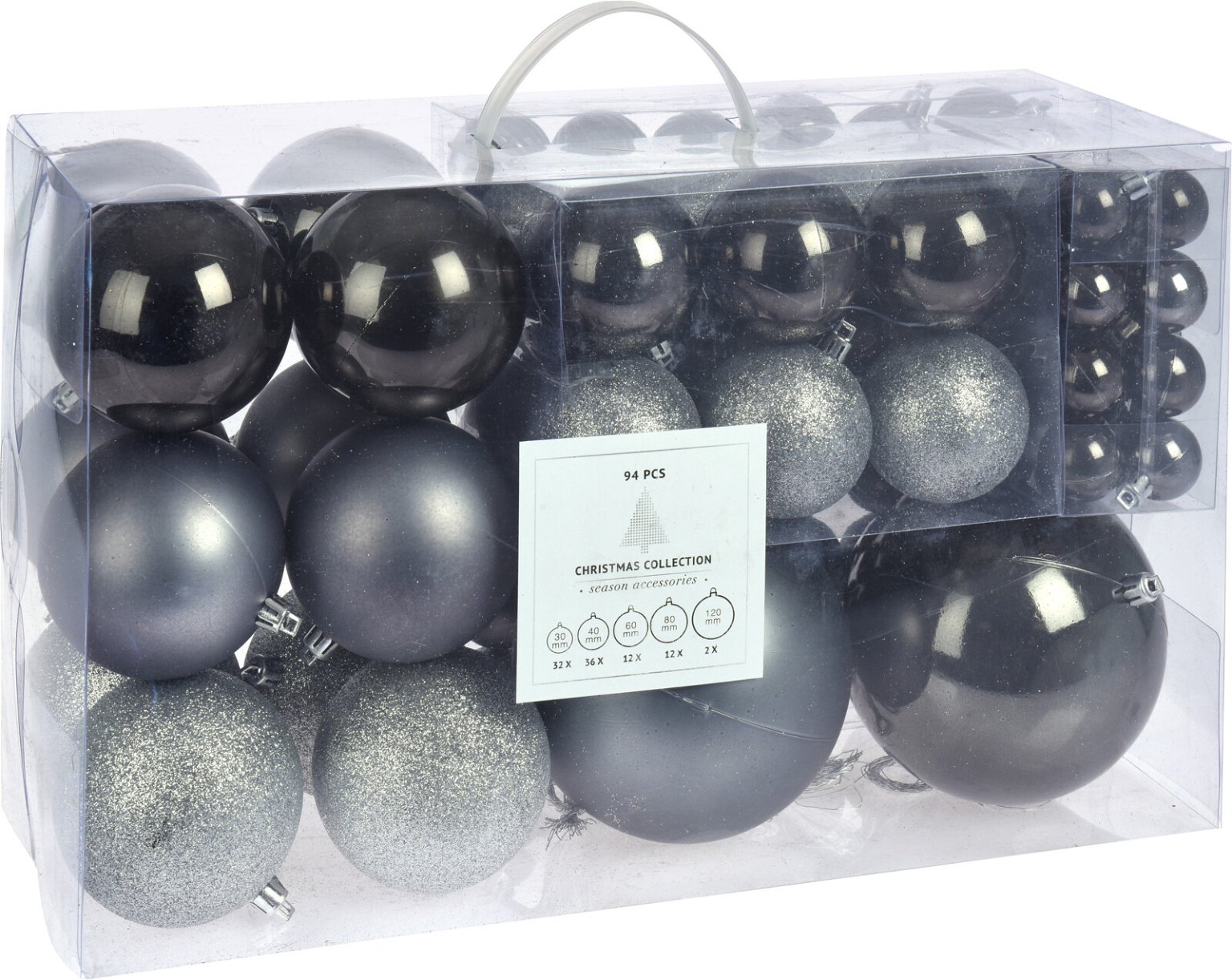 Kalėdinių eglės žaisliukų rinkinys XMAS, juodos/sidabrinės sp., 94 vnt.