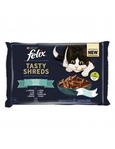 Konservuotas kačių ėdalas FELIX Tasty Shreds, žuvų rinkinys, 4 x 80 g