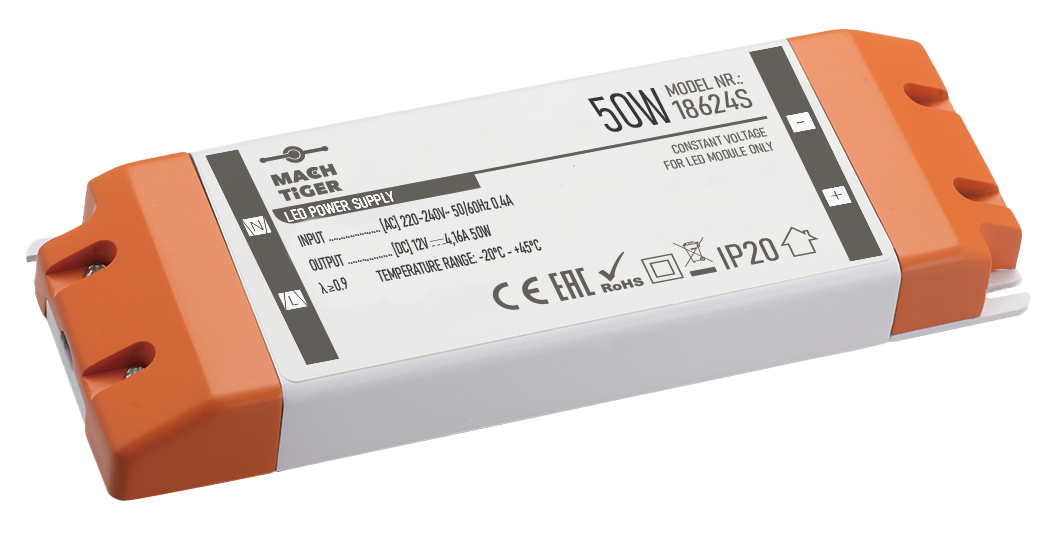 LED transformatorius MACH TIGER, IP20, 50 W, įėjimas AC220-240V, išėjimas DC12V-0