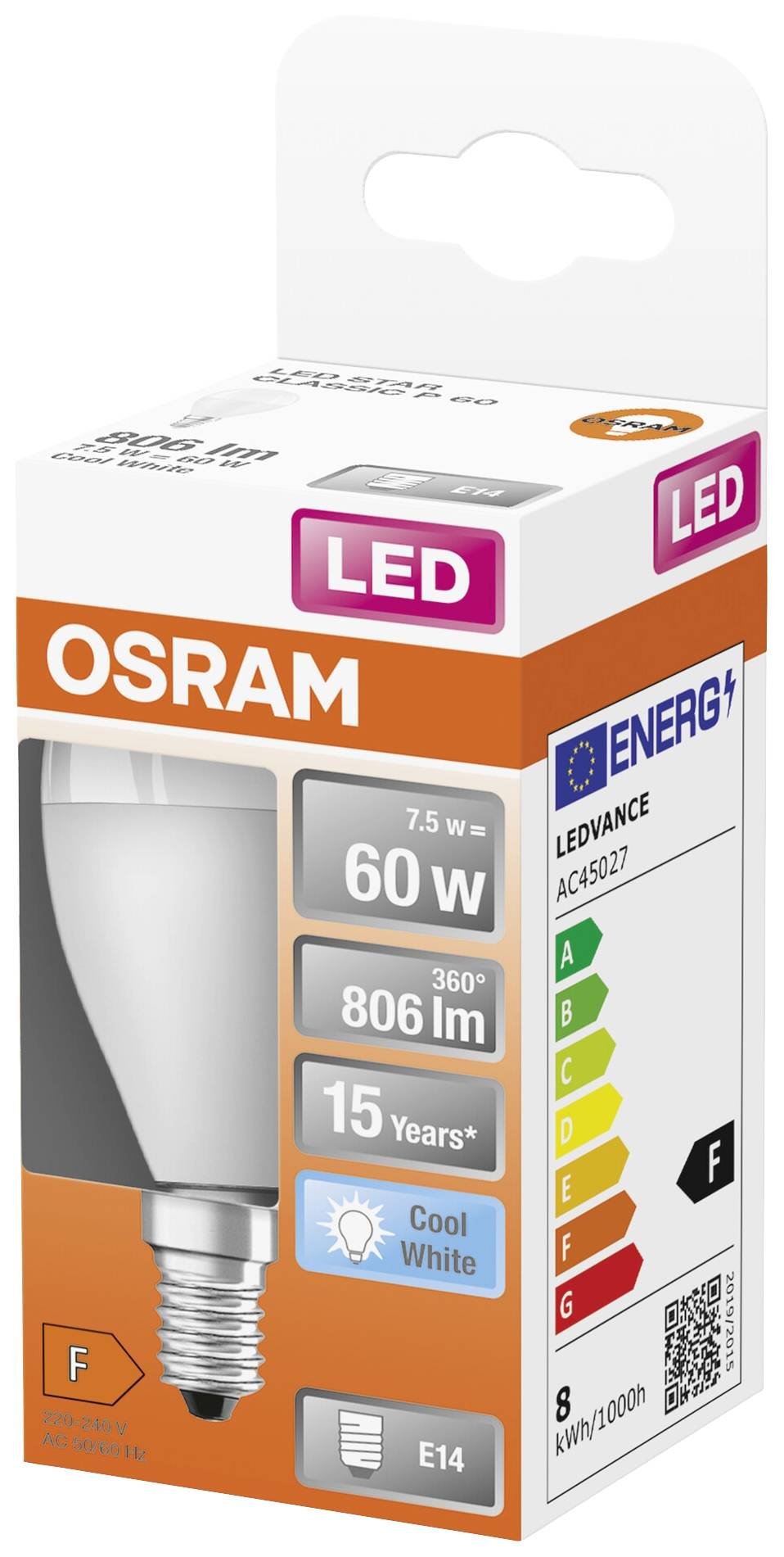 LED lemputė OSRAM, E14, P60, burbuliuko formos, 7W, 4000K, 806 lm, non-dim, matinė - 2